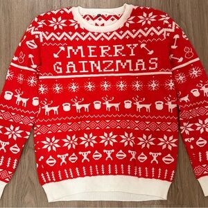 Merry Gainzmas Weightlifter Ugly Christmas Sweaters Red White Fair Isle XL